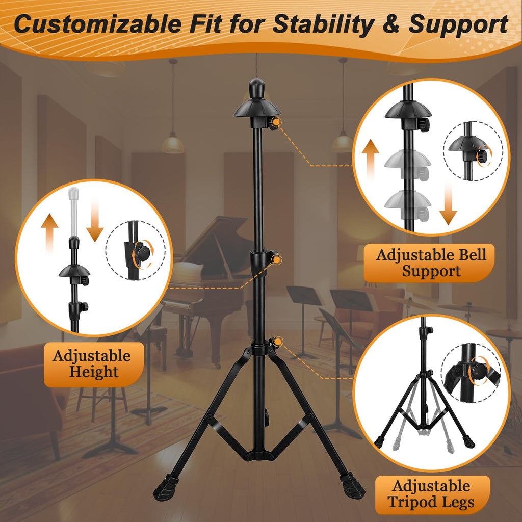 Ngdiluxury Trombone Stand, Adjustable Heavy Duty Matte Black Metal Trombone Holder with Foldable Tripod Base, Soft Rubber Bell Support & Anti-Slip Feet, Height Adjustable for All Trombone Sizes