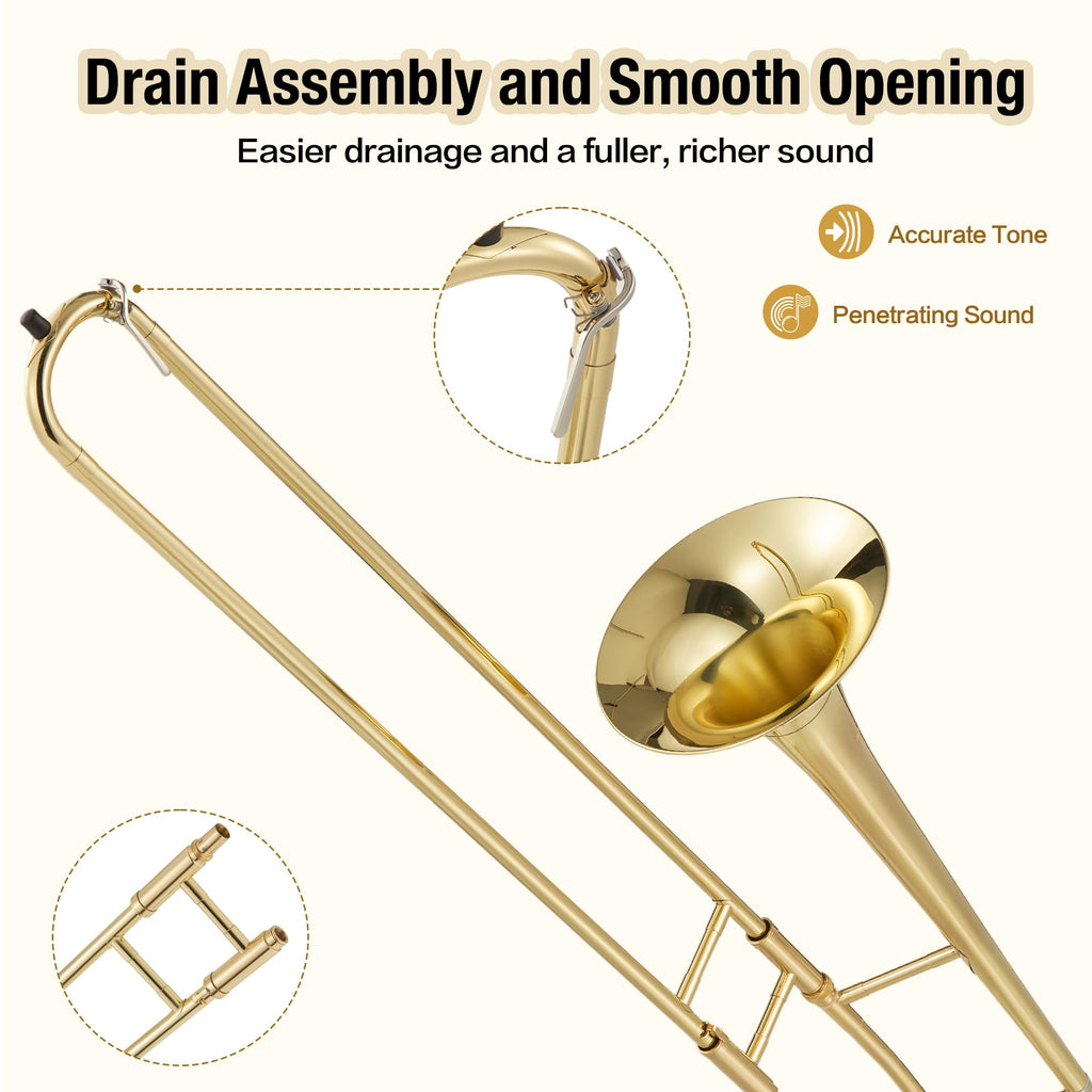 B Flat Alto Trombone, Brass Trombone for Beginners with Mouthpiece, Hard Case, Gold Lacquer Finish, Cleaning Kit (Rod/Cloth/Gloves), Professional Student Musical Instrument