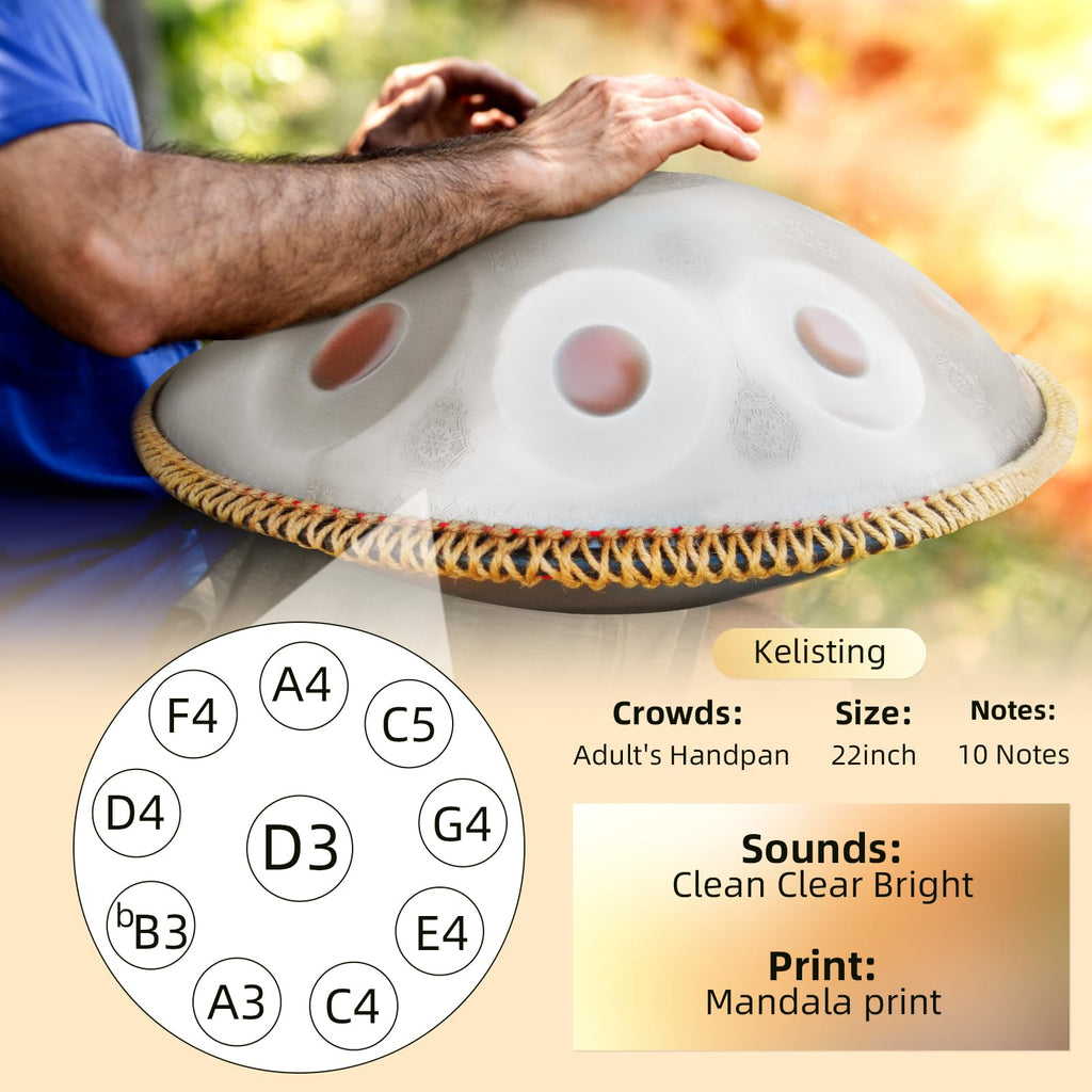 Handpan Drum 22 Inches D Minor Kurd, 432Hz 10 Notes Hand Drum Instrument, Premium Steel Drum, Handpan Instrument for Adults (Gold)