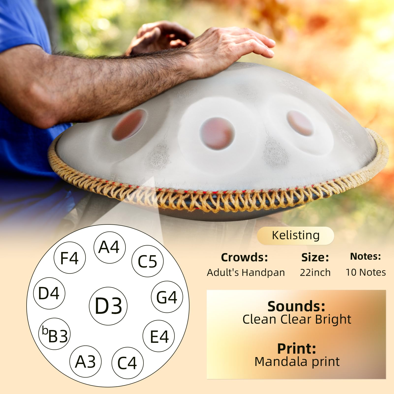 Handpan Drum 22 Inches D Minor Kurd, 432Hz 10 Notes Hand Drum Instrument, Premium Steel Drum, Handpan Instrument for Adults (Gold)