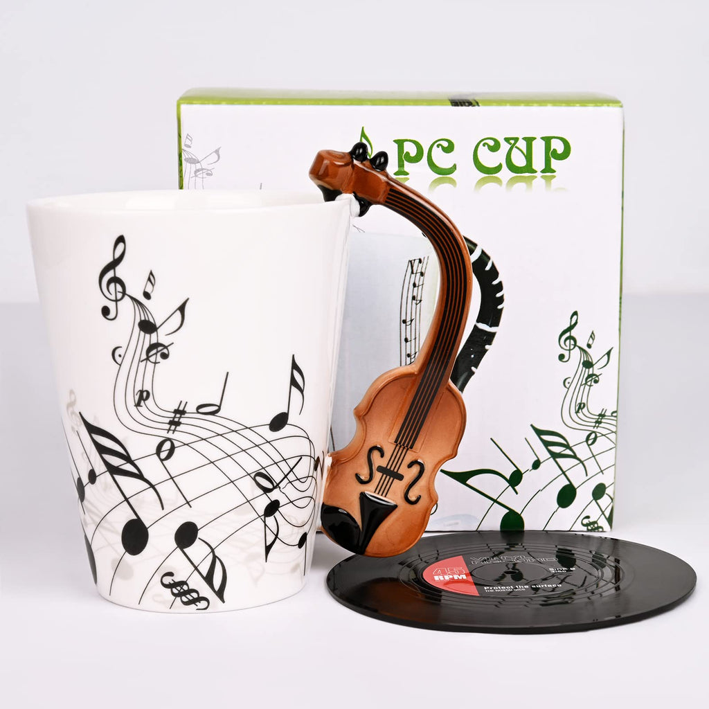 Maustic Novelty Violin Mug - 13 Oz Ceramic with Vinyl Record Coaster, Perfect for Music Lovers, Musicians, and Violinists - Ideal for Christmas or Birthday Gifts