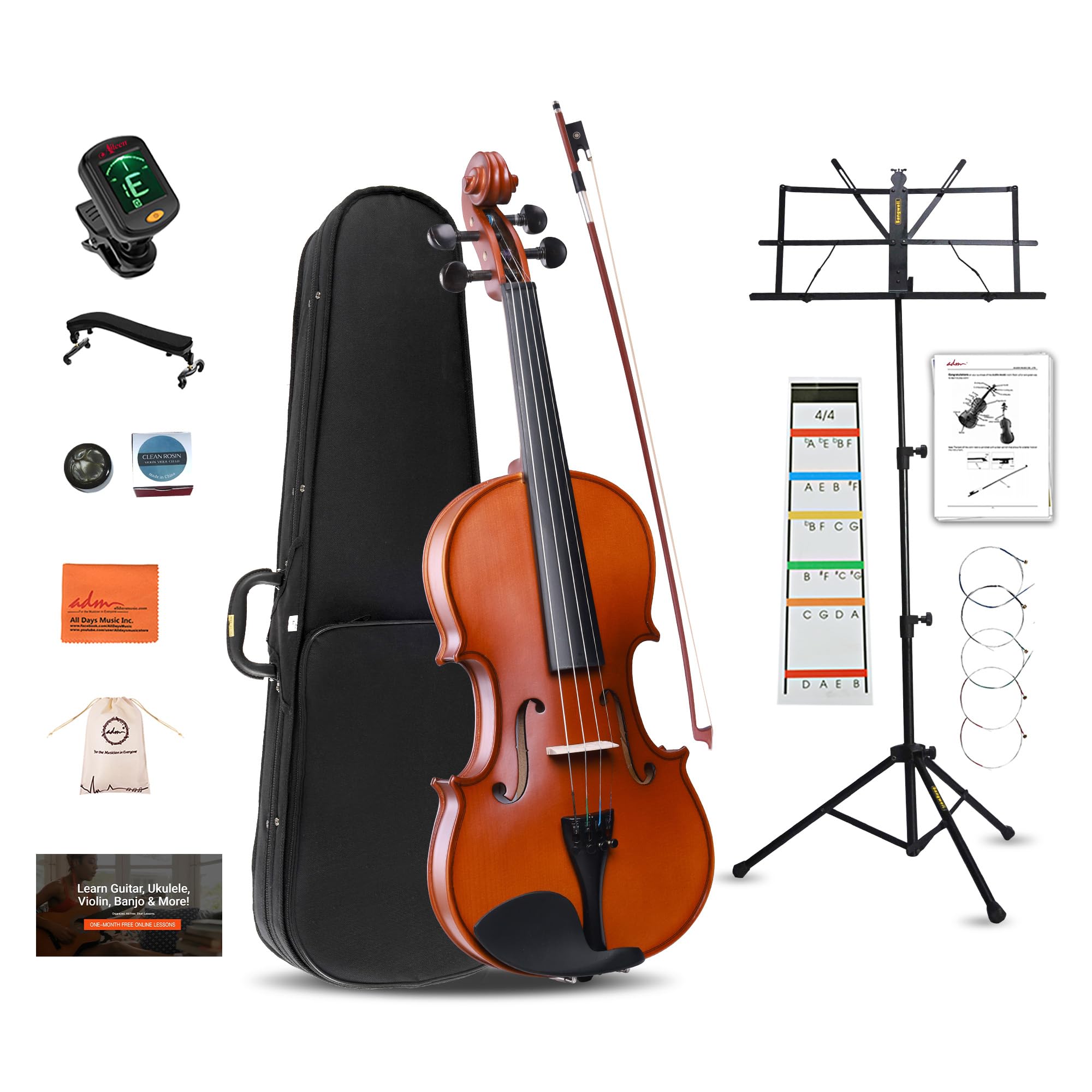 ADM Acoustic Violin for Beginner 4/4 Full Size Violin Set Solid Wood Ebony for Adult Teen Student Starter Kit with Hard Case, Shoulder Rest, Bow, Music Stand, Strings, Free Lessons (Sepia, 4/4 Size)