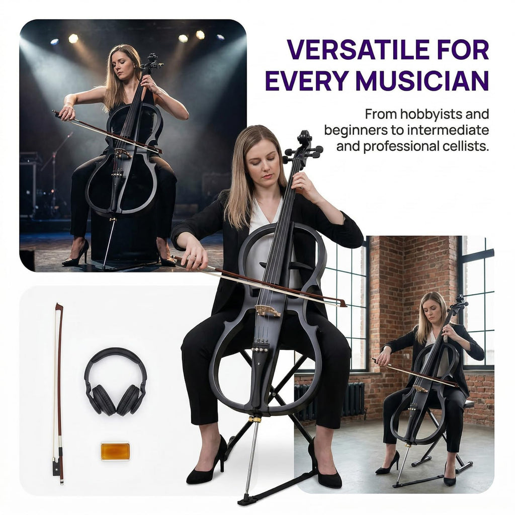 Electric Cello 4/4 Full Size Ebony Fittings with Lightweight Cello Bag, Headphones, Bow, Bridge, Rosin, Cello for Beginners Adults(Metallic Black) (Metallic Red Peach Heart -Cellos)