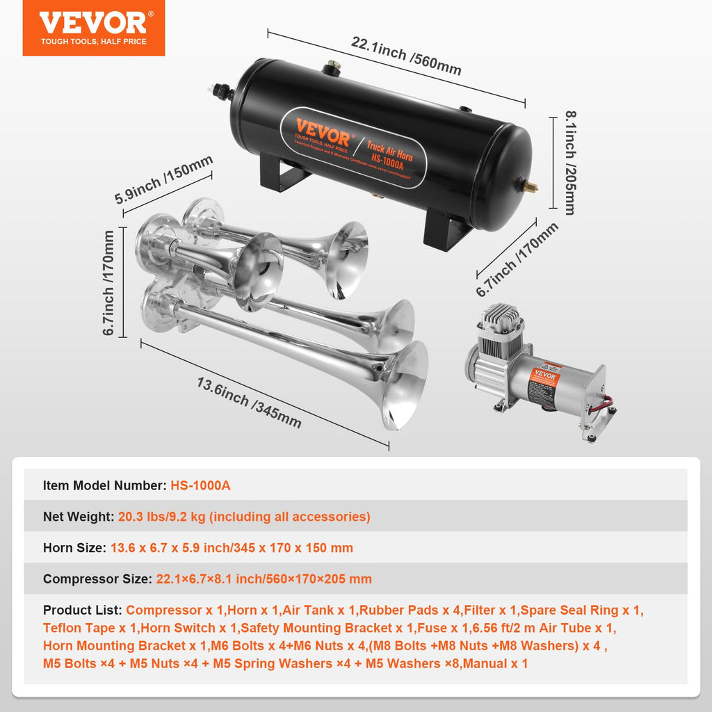 VEVOR 4 Trumpet Air Horn Kit, 150dB Train Horns for Pickup Trucks, 12V 120 psi Air Compressor 0.8 Gal/3 L Tank with Gauge for Any 12V Vehicle Car Truck Train Van Boat