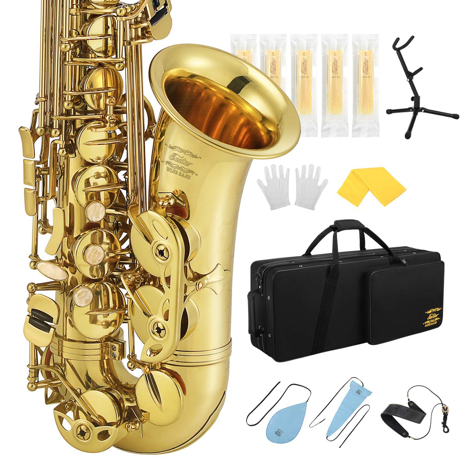 Eastar Student Alto Saxophone E Flat for Beginner Sax Full Kit with Carrying Case, Mouthpiece, Straps, Reeds, Stand, Golden Lacquer, AS-Ⅱ