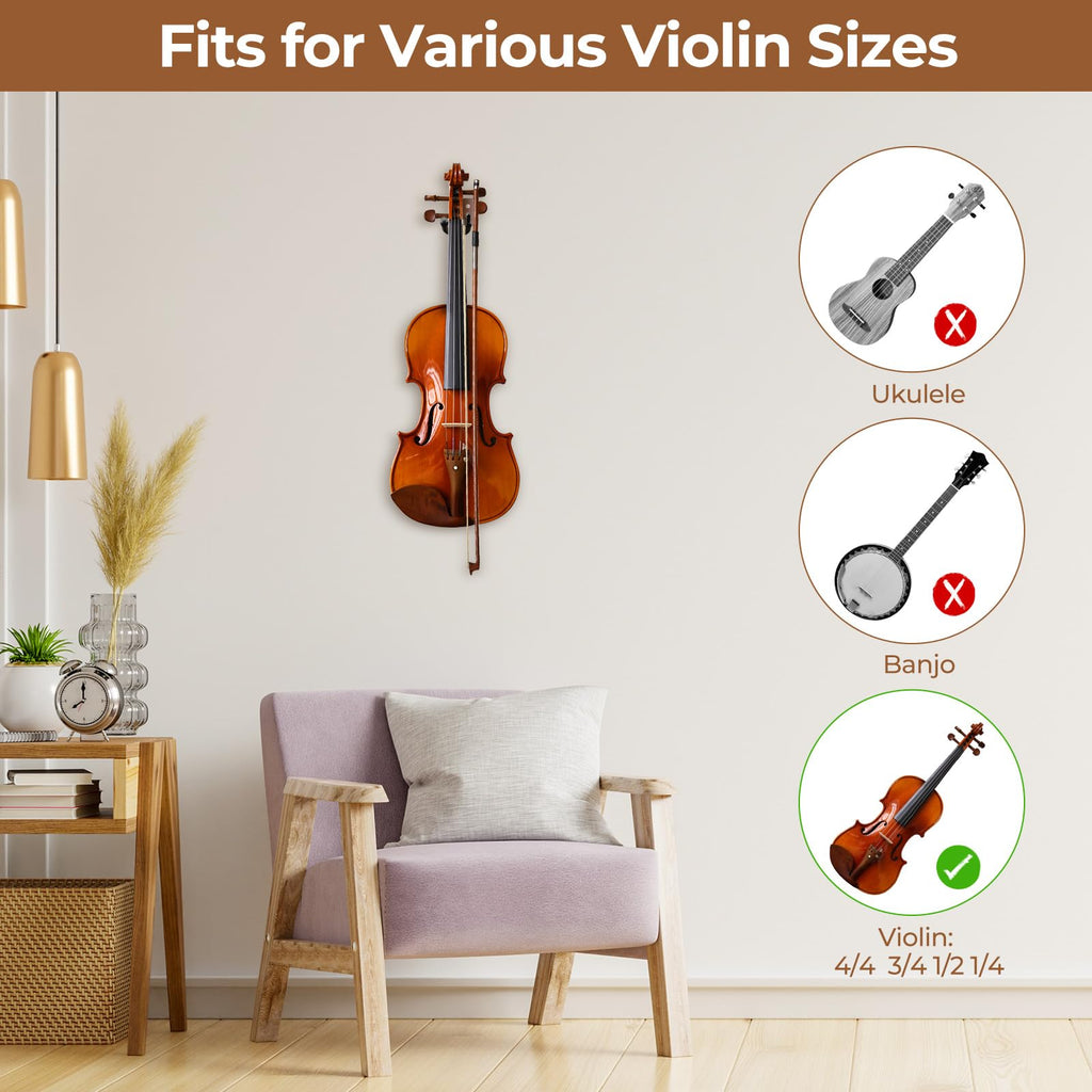 Ohuhu Violin Wall Mount Hanger, Hardwood Violin Viola Hanger with Bow Holder and Soft Padding for Home Studio Decor
