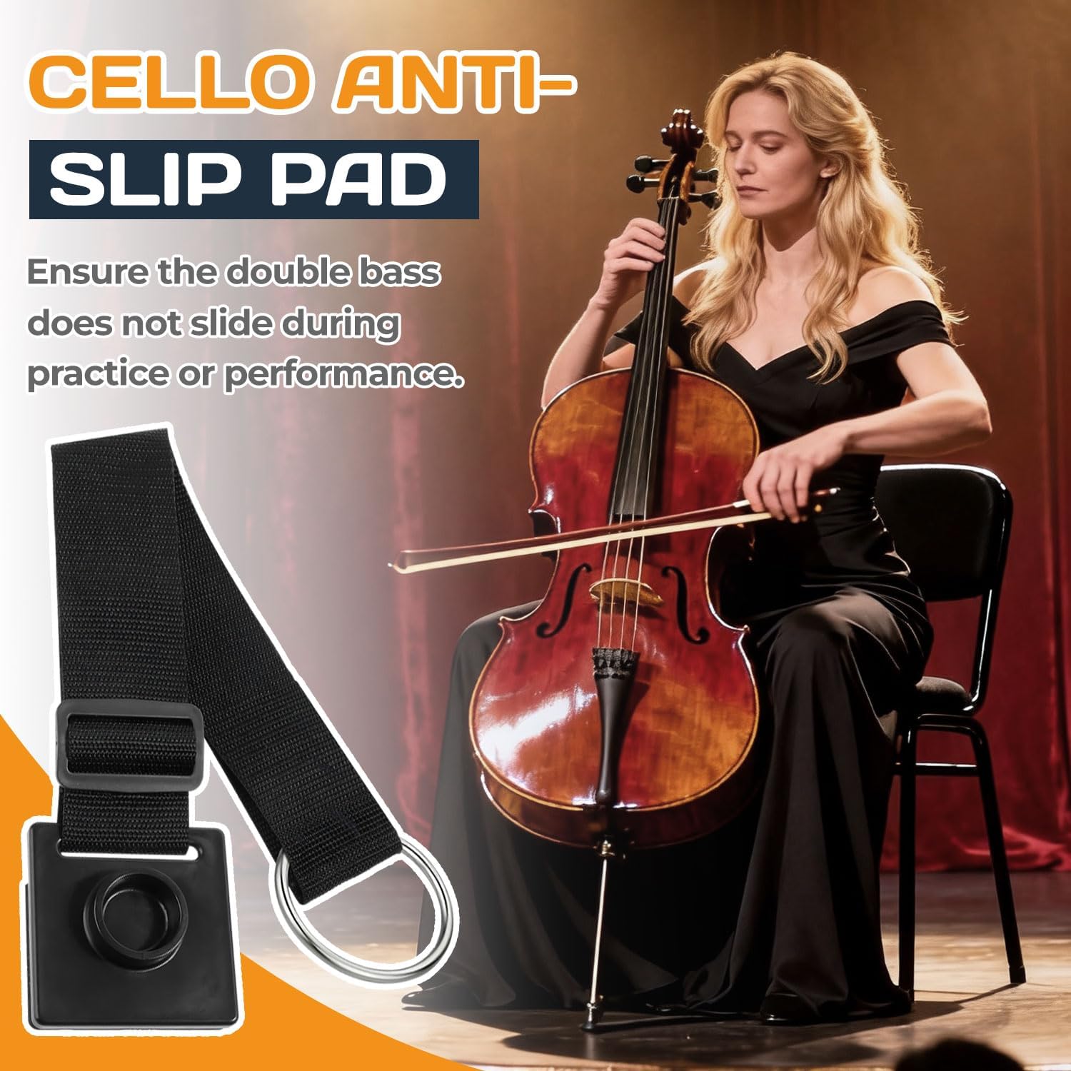 Cello Endpin Anchor,Black Cello Slip Stoppe,Non-slip with O-ring Thick Pad,Anti-Scratch Sponge Adjustable Strap for Cellists Practice Performance