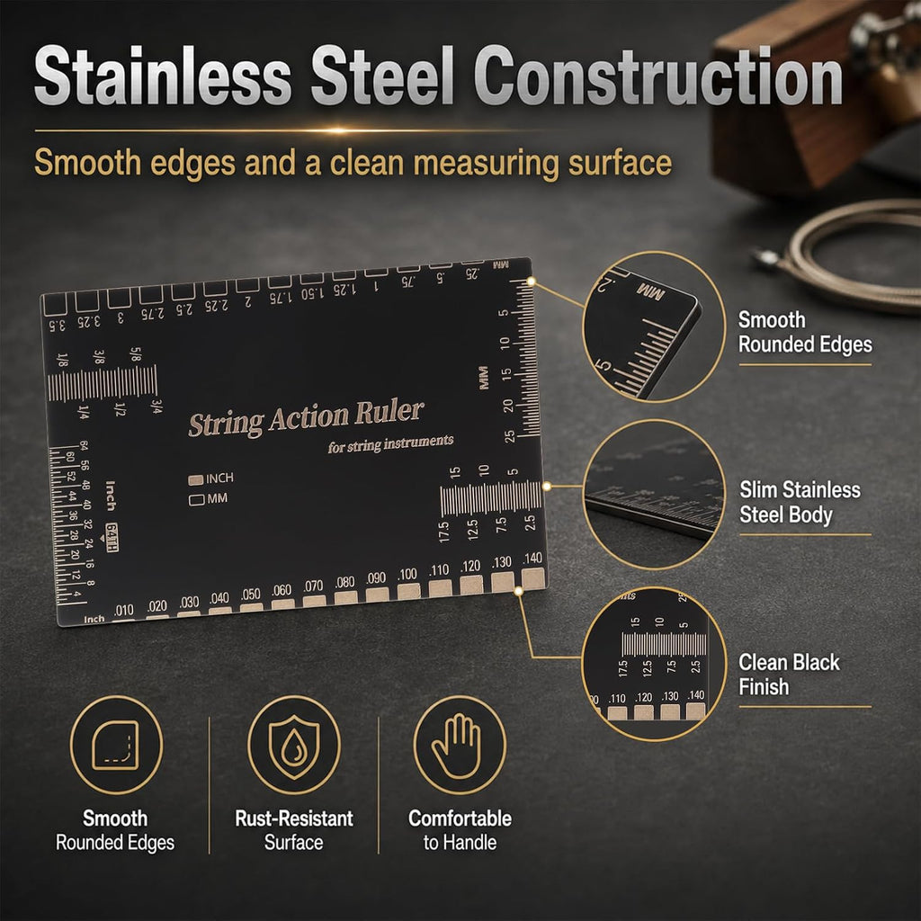 Guitar Luthier Tools Radius Gauge String Action Ruler Measuring Setup Kit | 9 radius size.Laser-engraved stainless steel.Matte finish reduces glare. w Cleaning Cloth Storage Case for Acoustic/Electric