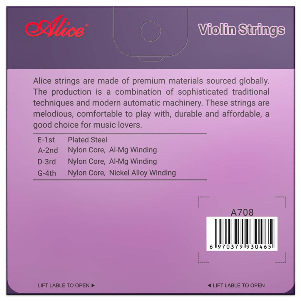 Violin Strings, Alice 4/4 Violin Strings Full Set Nylon Core Al-Mg & Ni-Fe Winding with Ball End, 1 Set