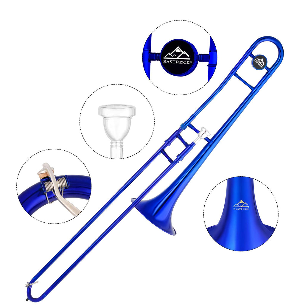 EASTROCK Bb Tenor Slide Trombone, B Flat Brass Plated Trombone Instrument for Beginners Students with Hard Case, with Mouthpiece, White Gloves (12.5mm/200 mm), Golden