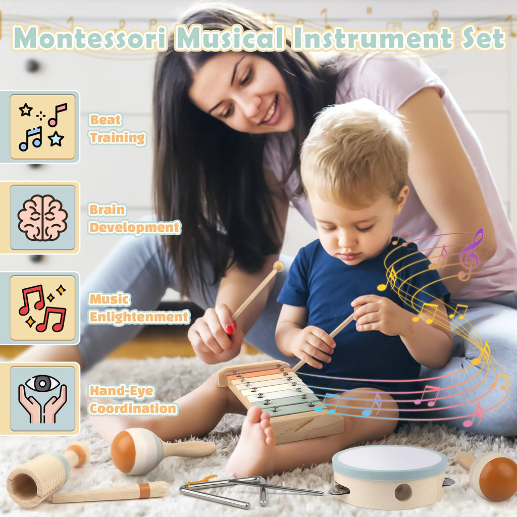 Musical Toys for 2 3 Year Old Boy Girl Birthday Gifts, 5 in 1 Montessori Musical Instruments for Toddlers 2-4 with Trumpet/Microphone/Flute/Harmonica, Preschool Learning Toys for Baby 18+ Months