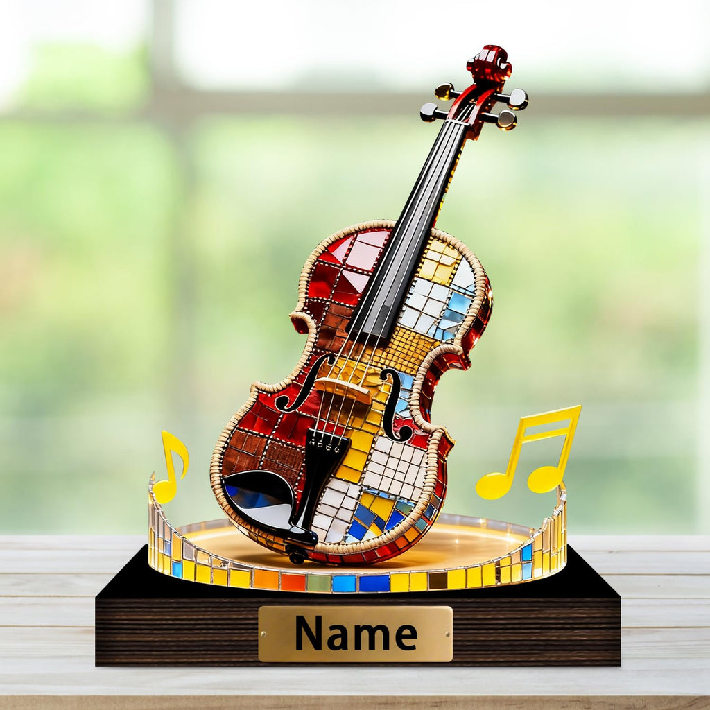 Personalized Name Violin Crystal Desktop Ornaments for Club Bedroom Office Custom Music Theme Stained Glass Acrylic Tabletop Plaque 2D Flat Electric Cello Figurine Sculpture for Violinist Cellist