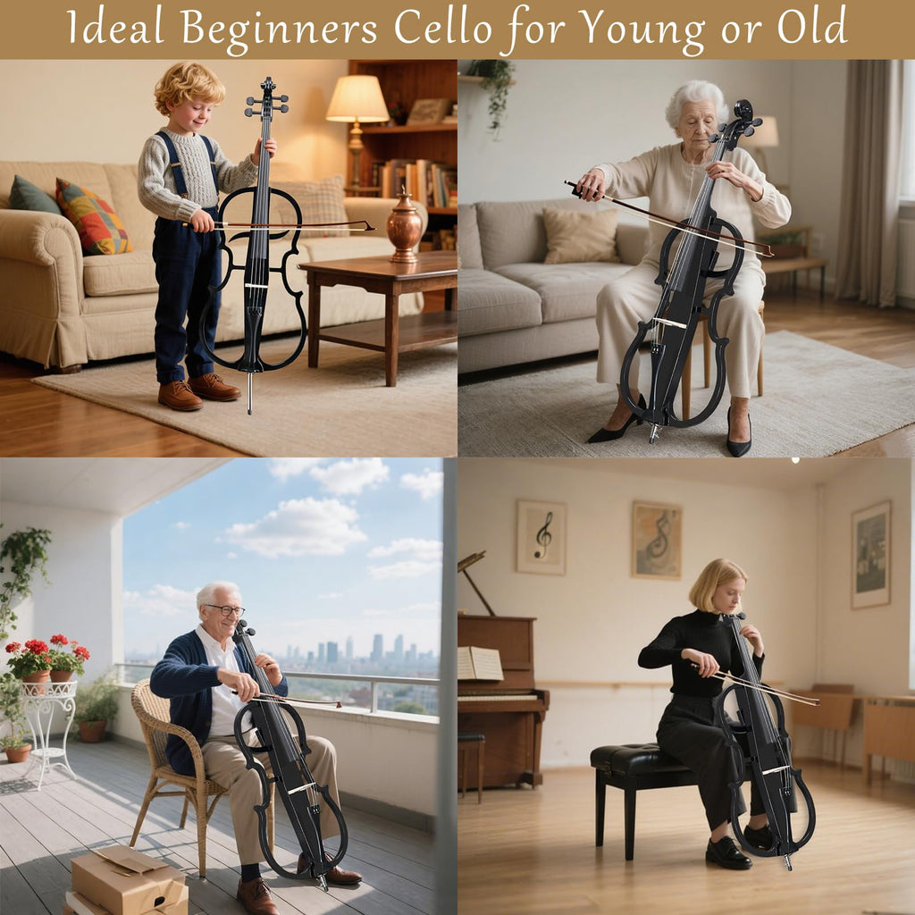 Electric Cello, Full Size Silent Practice Cello with Headphone Jack & Carry Bag, Professional Cello for Beginners/Adults