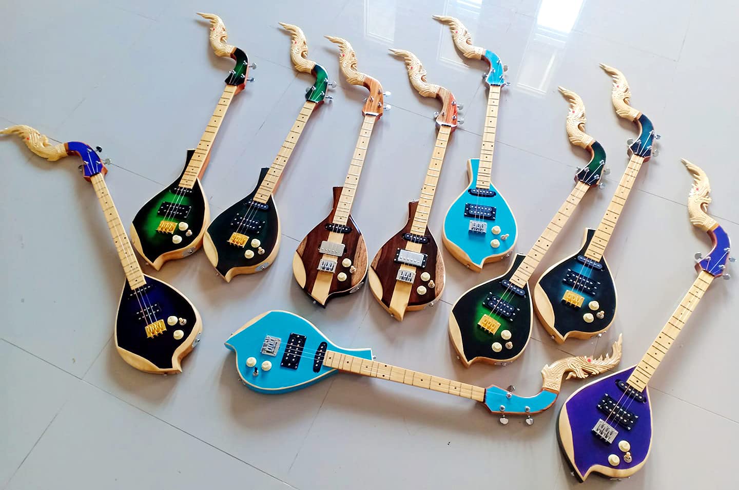 Isarn Electric Phin 3 Strings, Thai Lao Guitar Musical Instrument, Traditional Thai Musical Pin77 (Brown-A)