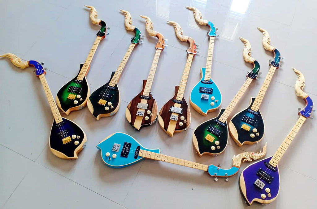 Isarn Electric Phin 3 Strings, Thai Lao Guitar Musical Instrument, Traditional Thai Musical Pin77 (Brown-A)