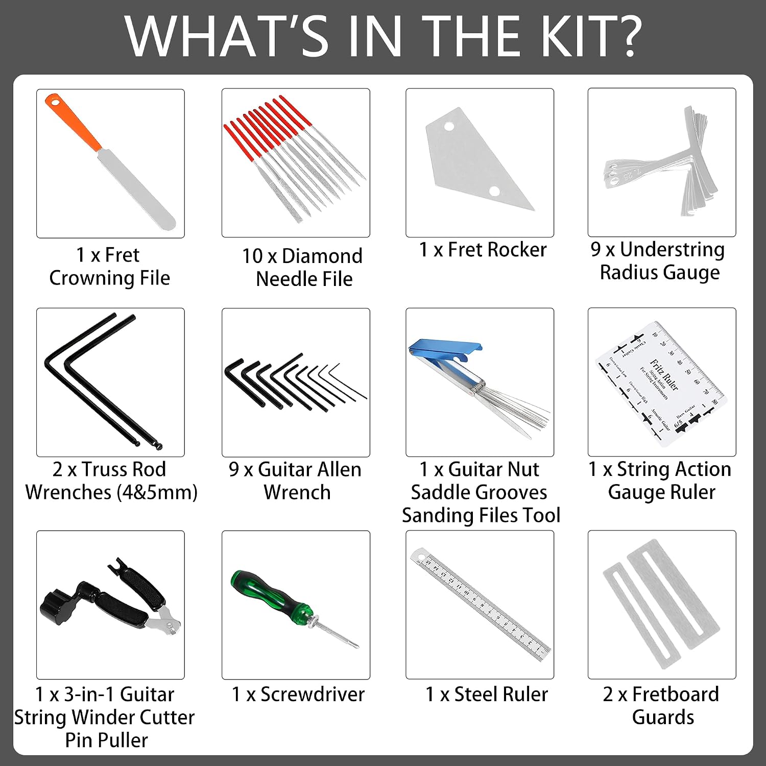 Guitar Setup Tool Kit with Carry Bag for Bass Ukulele Banjo | Guitar Repairing Maintenance Set Up Kit with Measuring Ruler Gauges Files Wrenches for Luthiers Beginners Music Enthusiasts