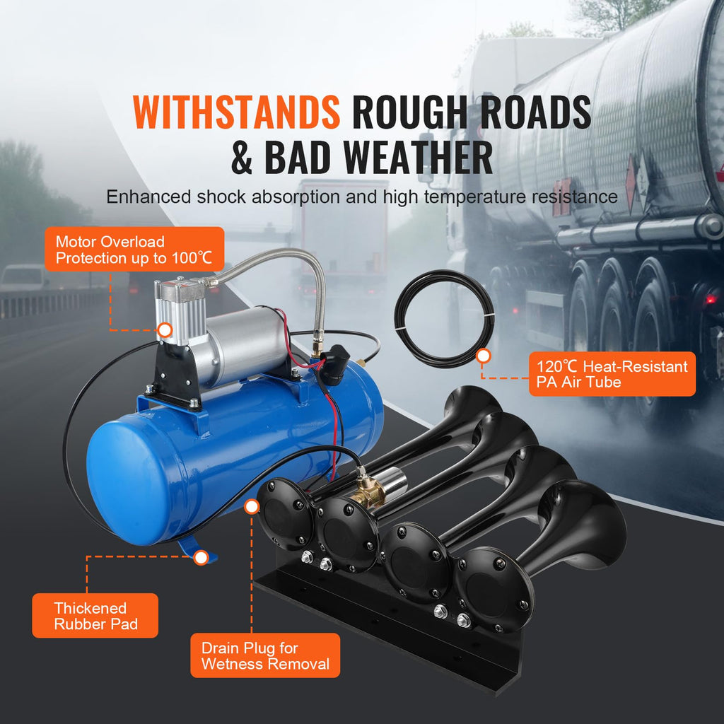 VEVOR 4 Trumpet Air Horn Kit, 150dB Train Horns for Pickup Trucks, 12V 120 psi Air Compressor 0.8 Gal/3 L Tank with Gauge for Any 12V Vehicle Car Truck Train Van Boat
