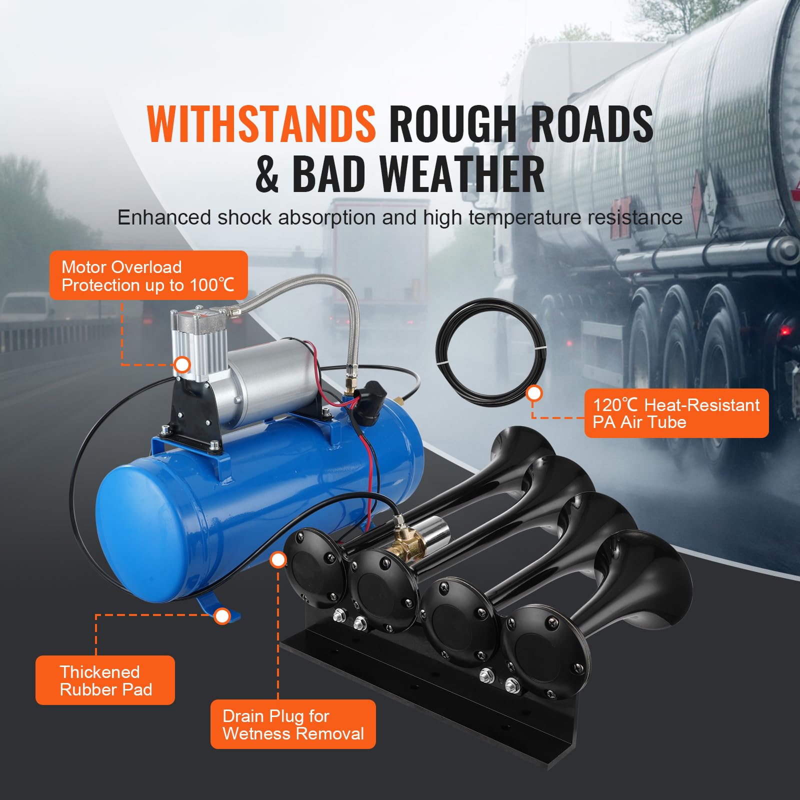 VEVOR 4 Trumpet Air Horn Kit, 150dB Train Horns for Pickup Trucks, 12V 120 psi Air Compressor 0.8 Gal/3 L Tank with Gauge for Any 12V Vehicle Car Truck Train Van Boat