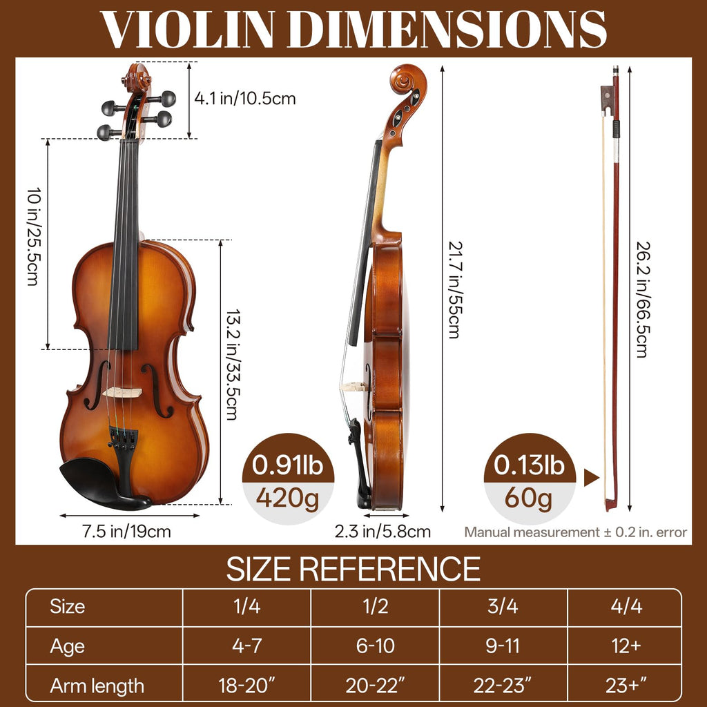 Kmise Violin 4/4 Full Set, Fingerboard Fret Markings Violins, Matte Acoustic Fiddle for Adults, Beginners, Students with Violin Case, Rosin, Strings, Bow, Shoulder Rest, Beginner's Guide (Matte, 4/4)