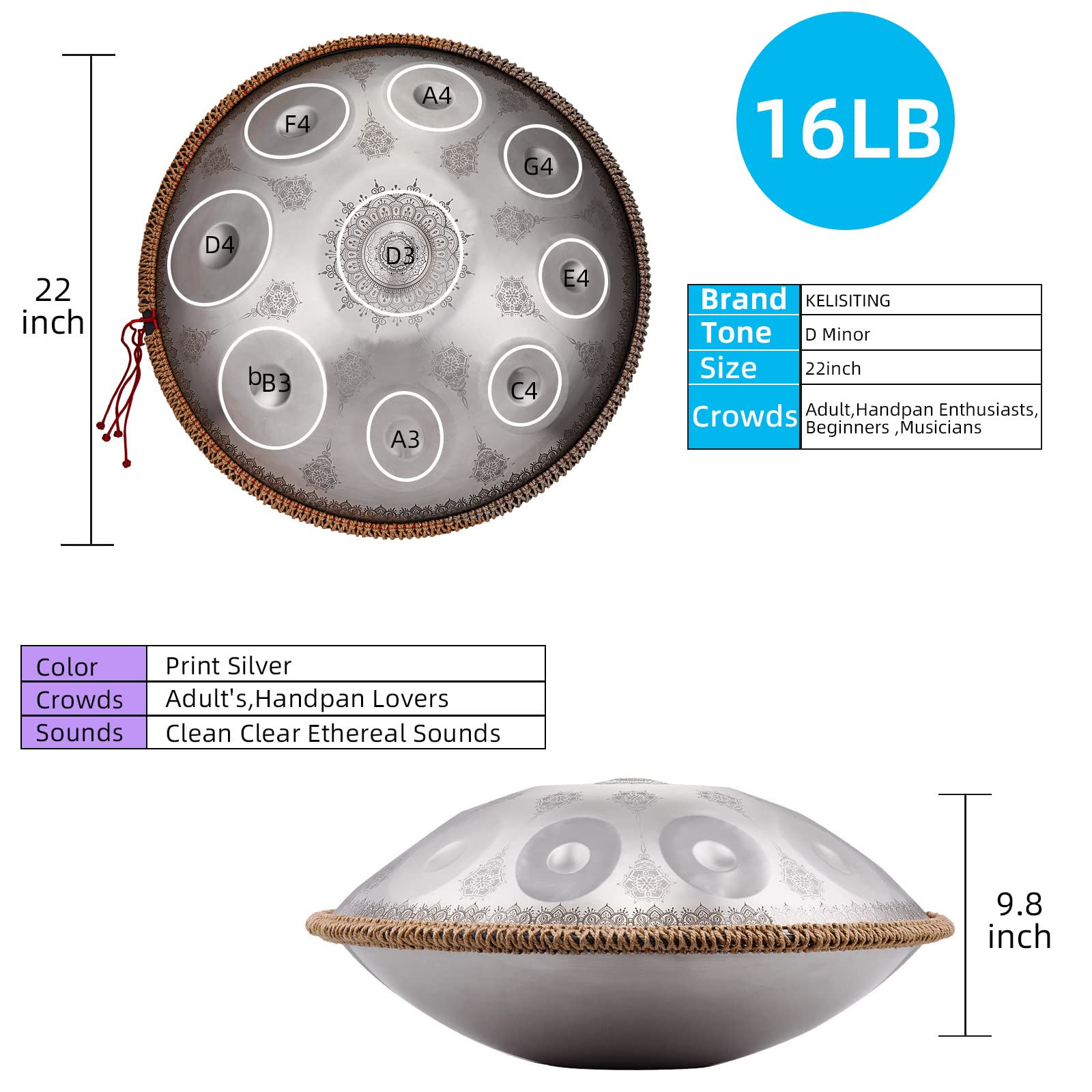 Handpan Drum 22 Inches D Minor Kurd, 432Hz 10 Notes Hand Drum Instrument, Premium Steel Drum, Handpan Instrument for Adults (Gold)