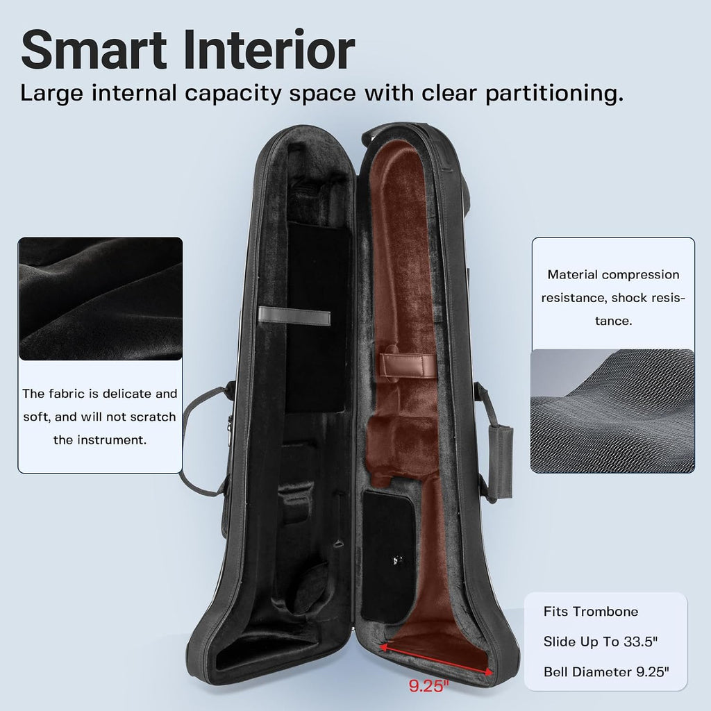 Case for Bb/F Tenor Trombone with F Attachment, Gig Bag Backpack | Lightweight trombone case with 600D nylon exterior, EPS foam protection, velvet interior, built-in straps, storage pocket.