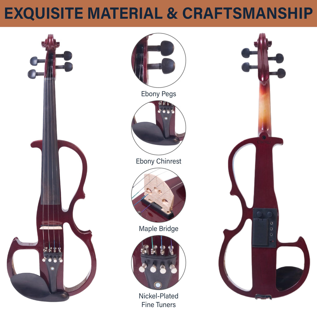 Cecilio Solid Wood Electric/Silent Violin with Ebony Fittings - 4/4 Full Size - Metallic Red Mahogany