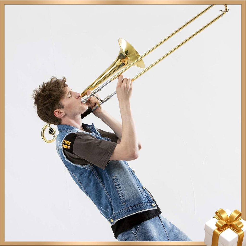 Eastar Bb Tenor Slide Trombone for Beginners Students, B Flat Brass Plated Trombone Instrument with Mouthpiece, White Gloves, Cleaning Kit, ETB-330, Golden