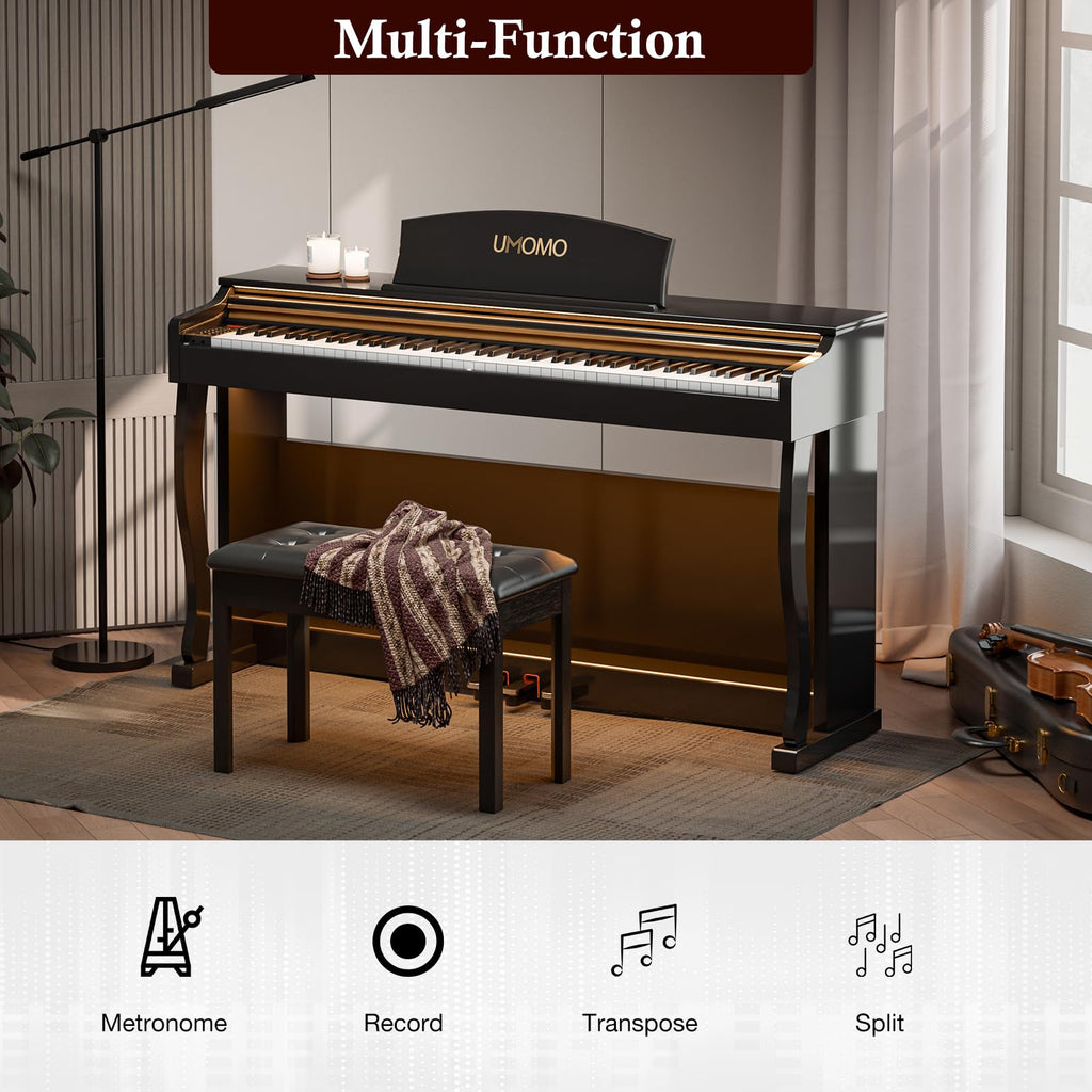 UMOMO 88- Key Weighted Hammer Action Digital Piano with Adjustable Light, Full-Size Electric Keyboard with Triple Pedals, Realistic Touch for Beginners & Intermediate Players Glossy Black