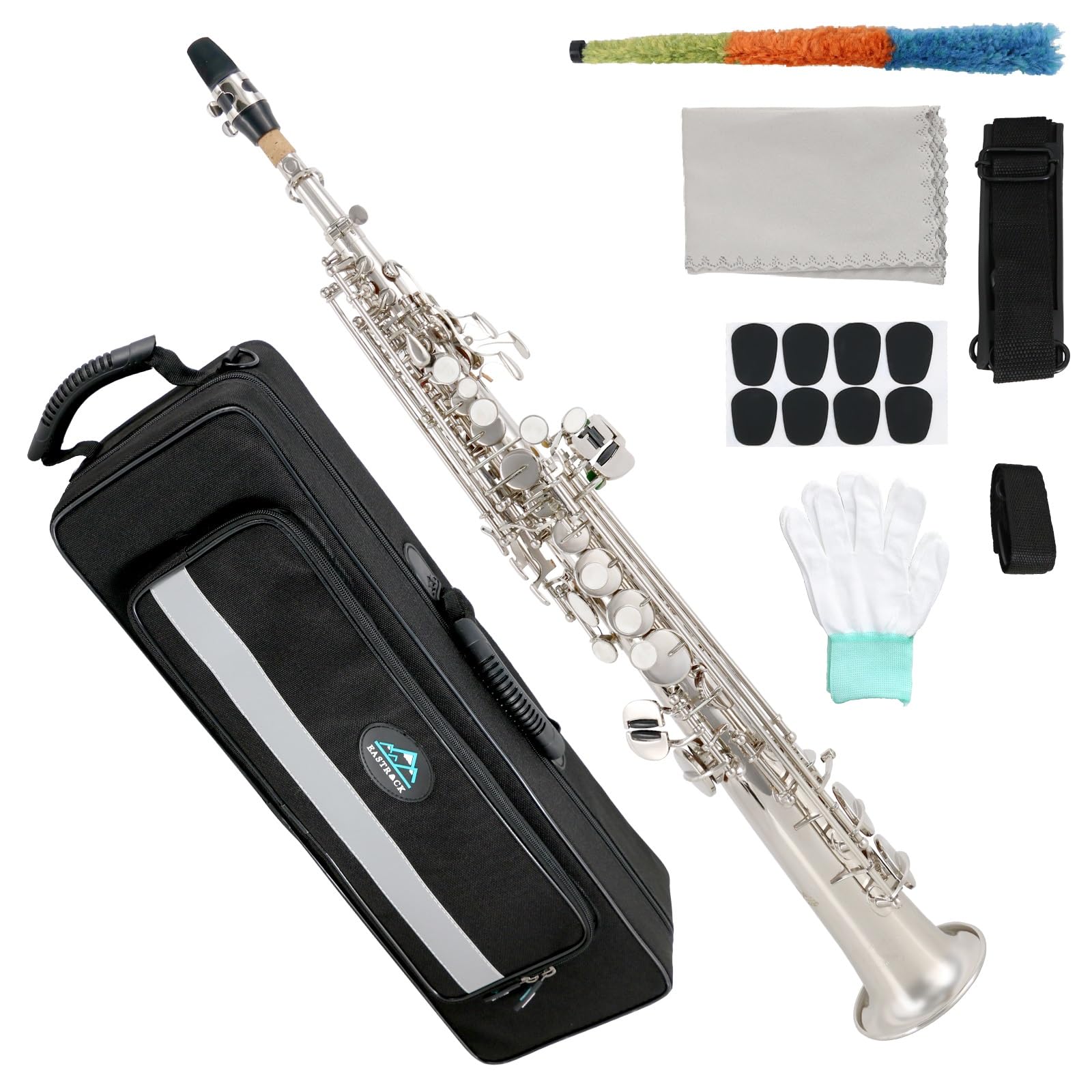 EASTROCK Soprano Saxophone Curved Bb Flat Black Sax Instruments for Beginners Intermediate Players with Carrying Case,Mouthpiece,Pads,Reed,Cleaning kit,neck Strap,White Gloves