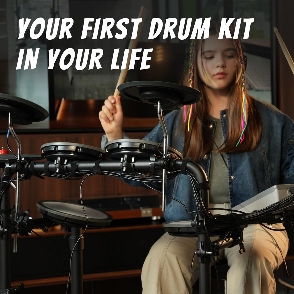 HAMPBACK MK-0 Electric Drum Set with 7'' Quiet Mesh Drum Pads, 8'' Full Rubber Cymbals, 12 Kits and 68 Authentic Sounds, USB MIDI, Throne, Sticks, Headphone, 2 Switch Pedals for Beginners & Kids