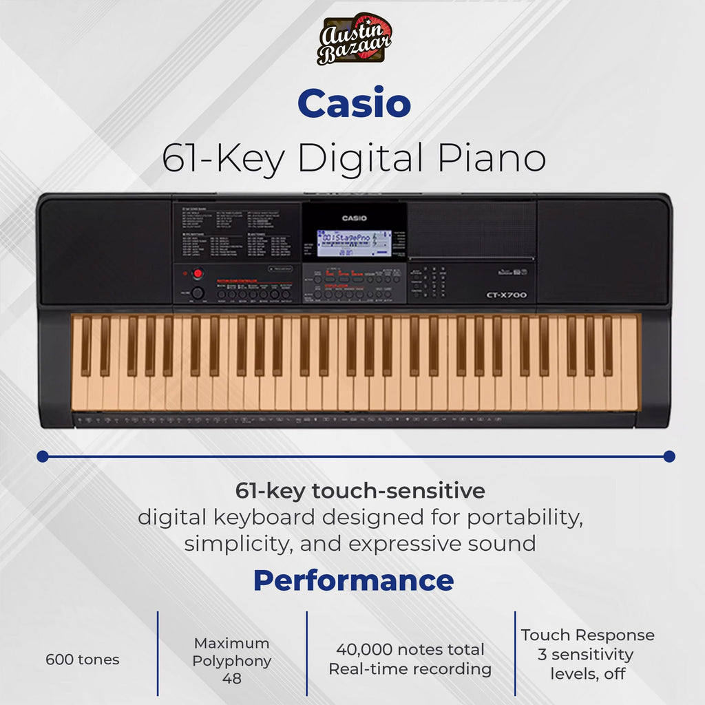 Casio CT-X700 Portable Keyboard Bundle with Adjustable Stand, Bench, Headphones, Sustain Pedal, Power Supply, Instructional DVD, and Austin Bazaar Polishing Cloth
