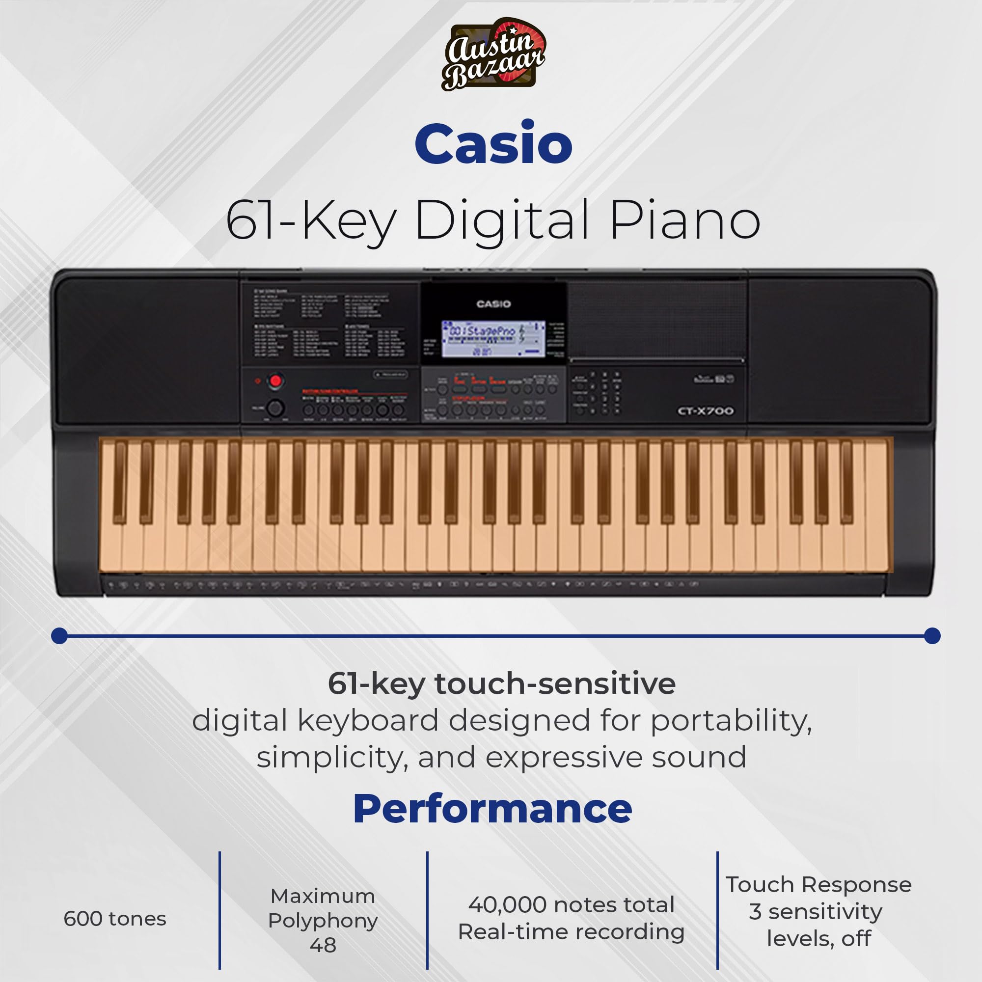 Casio CT-X700 Portable Keyboard Bundle with Adjustable Stand, Bench, Headphones, Sustain Pedal, Power Supply, Instructional DVD, and Austin Bazaar Polishing Cloth