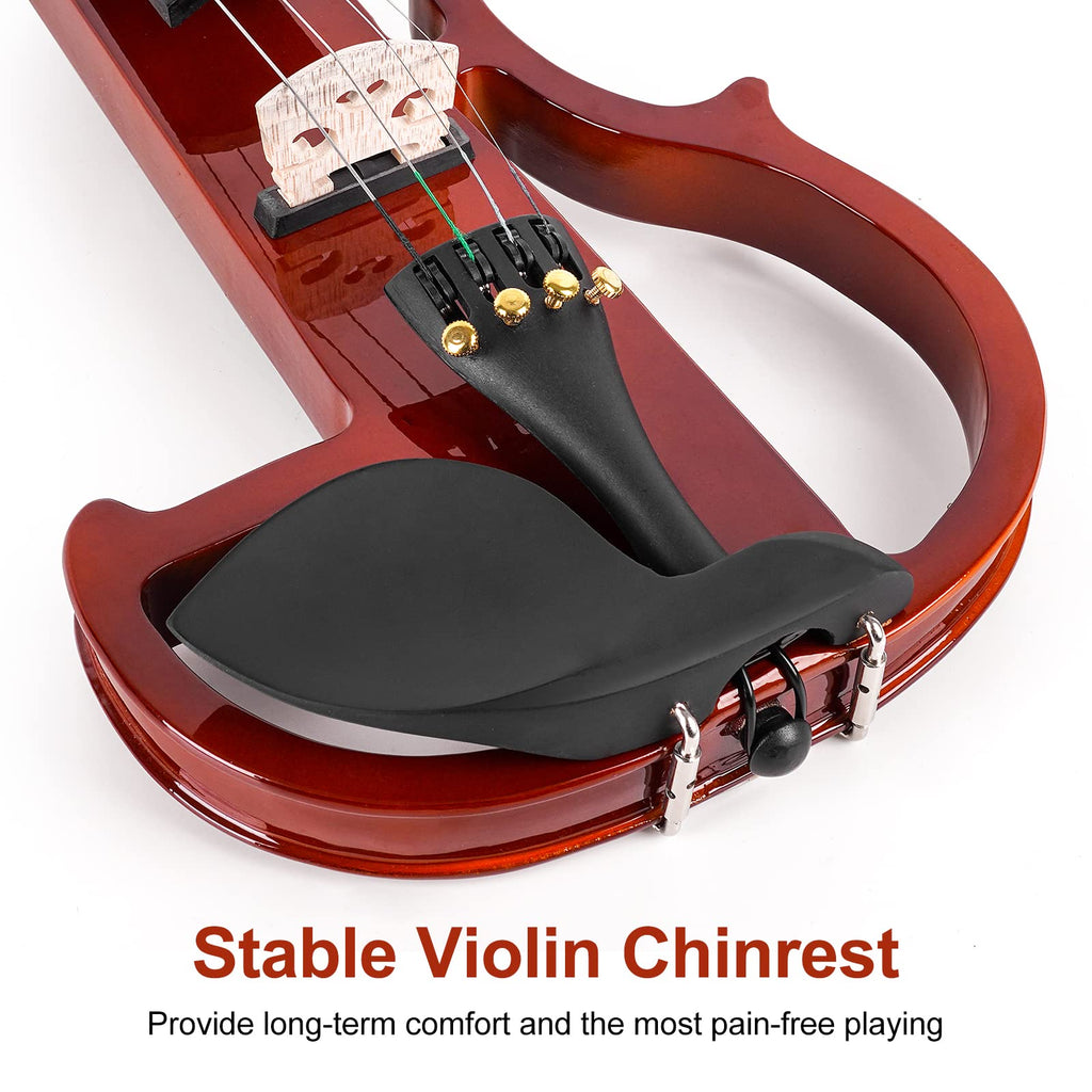 Vangoa Electric Violin Full Size 4/4, Black Silent Electric Violin, Solid Wood Metallic Electric Fiddle with Ebony Fittings, Beginner Kit for Adults Teens