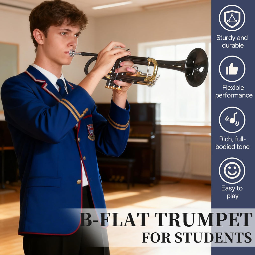 Kmise Bb Standard Trumpet, Premium Brass Trumpets for Student Beginner, Trumpet Instrument Set with Upgraded Case, 7C Mouthpiece, Mute, Beginner's Guide Kit, Cleaning Kit (Gold)