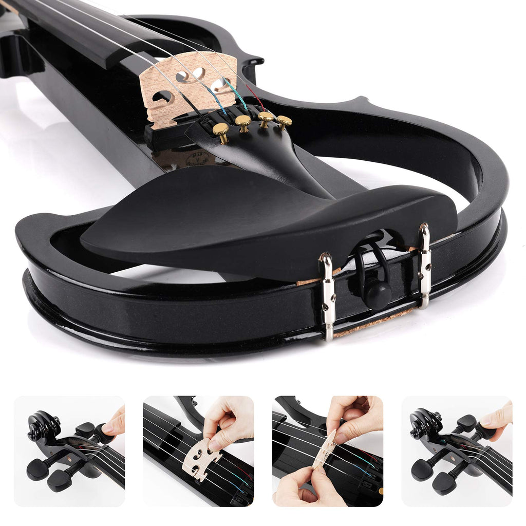 Vangoa Electric Violin Full Size 4/4, Black Silent Electric Violin, Solid Wood Metallic Electric Fiddle with Ebony Fittings, Beginner Kit for Adults Teens