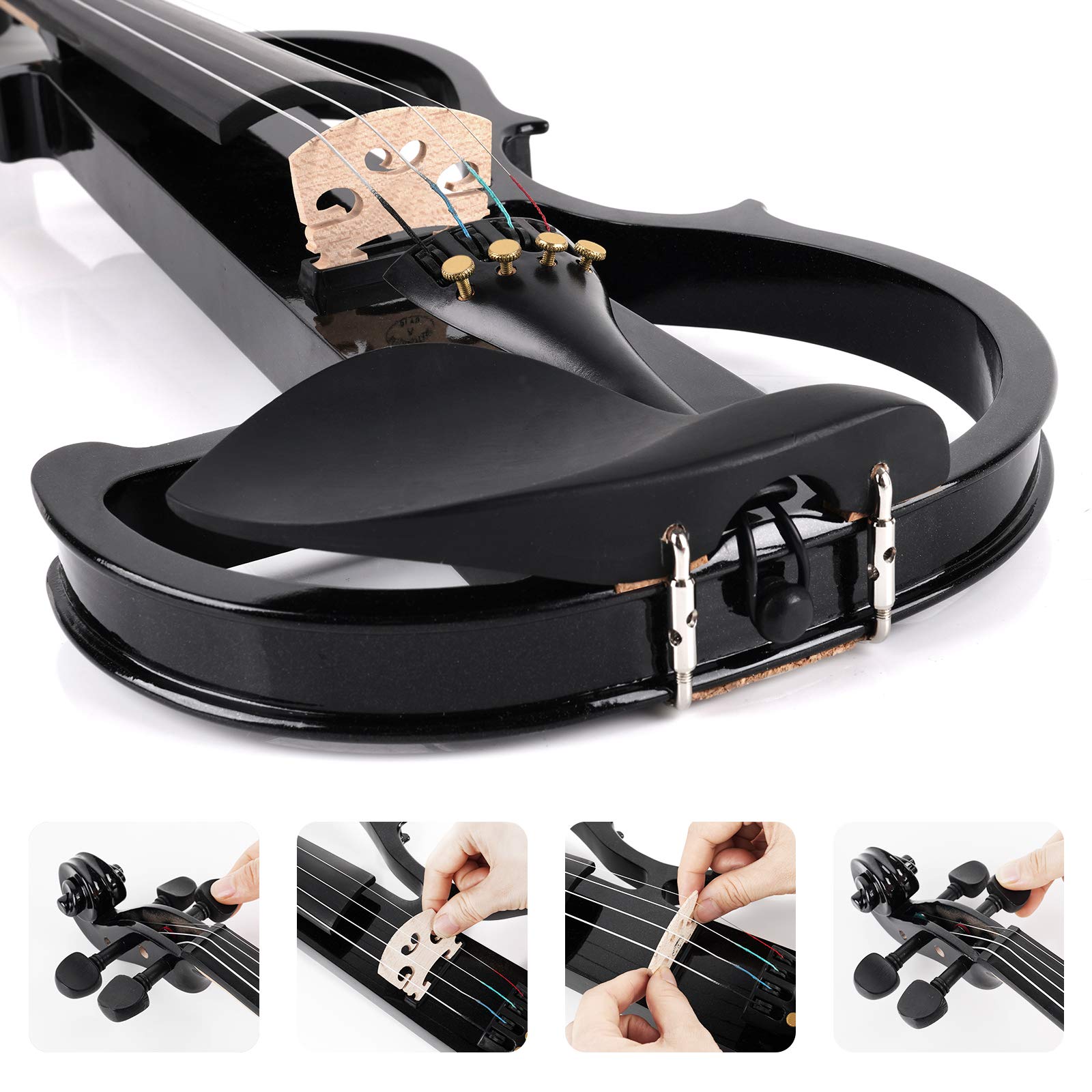 Vangoa Electric Violin Full Size 4/4, Black Silent Electric Violin, Solid Wood Metallic Electric Fiddle with Ebony Fittings, Beginner Kit for Adults Teens