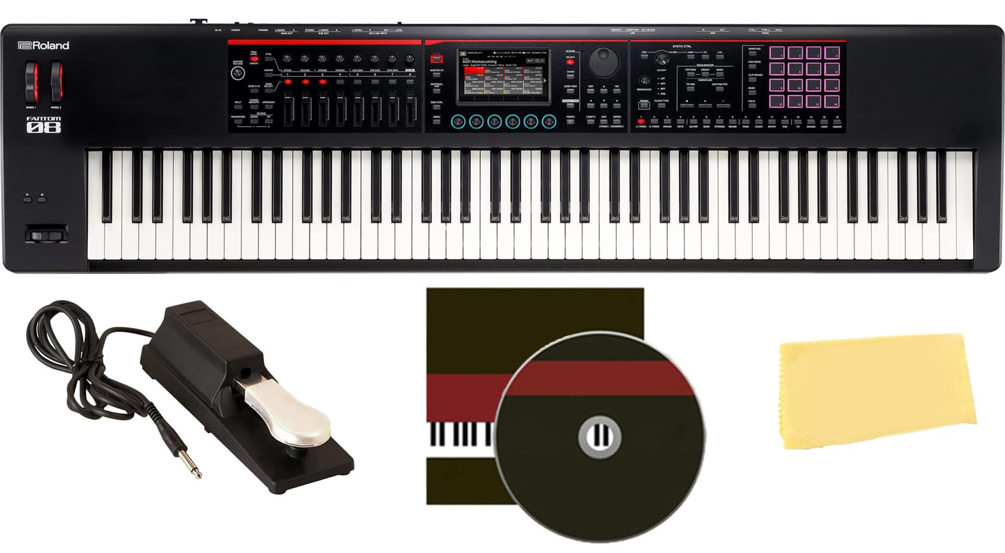 Roland Fantom 8 EX 88-Key Workstation Keyboard Synthesizer Bundle with Adjustable Stand, Sustain Pedal, Online Piano Lessons, Instructional DVD, and Austin Bazaar Polishing Cloth