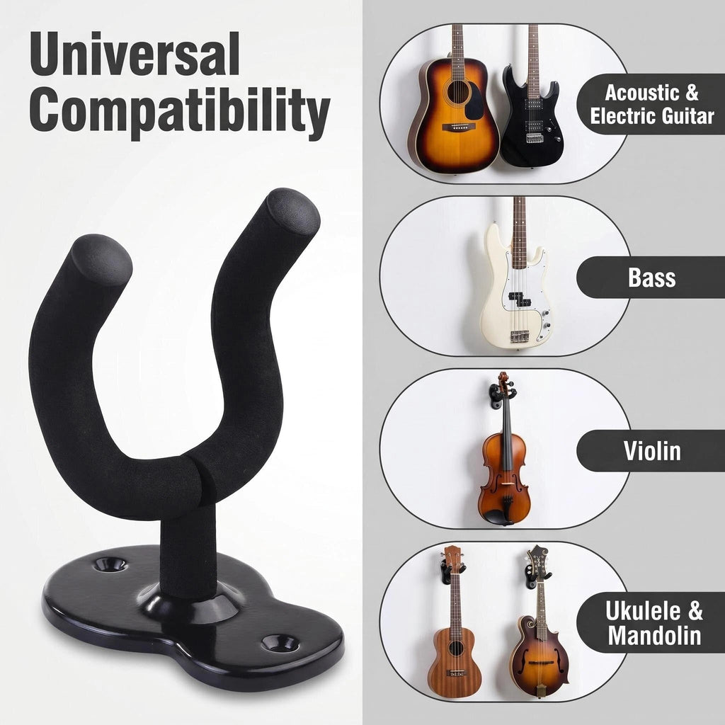 Guitar Wall Mount Hanger Brown Walnut 4 Pack, Guitar Wall Hangers Hooks Holder Stand Display with Screws - Easy to Install - Fits Guitars, Bass, Mandolin, Banjo