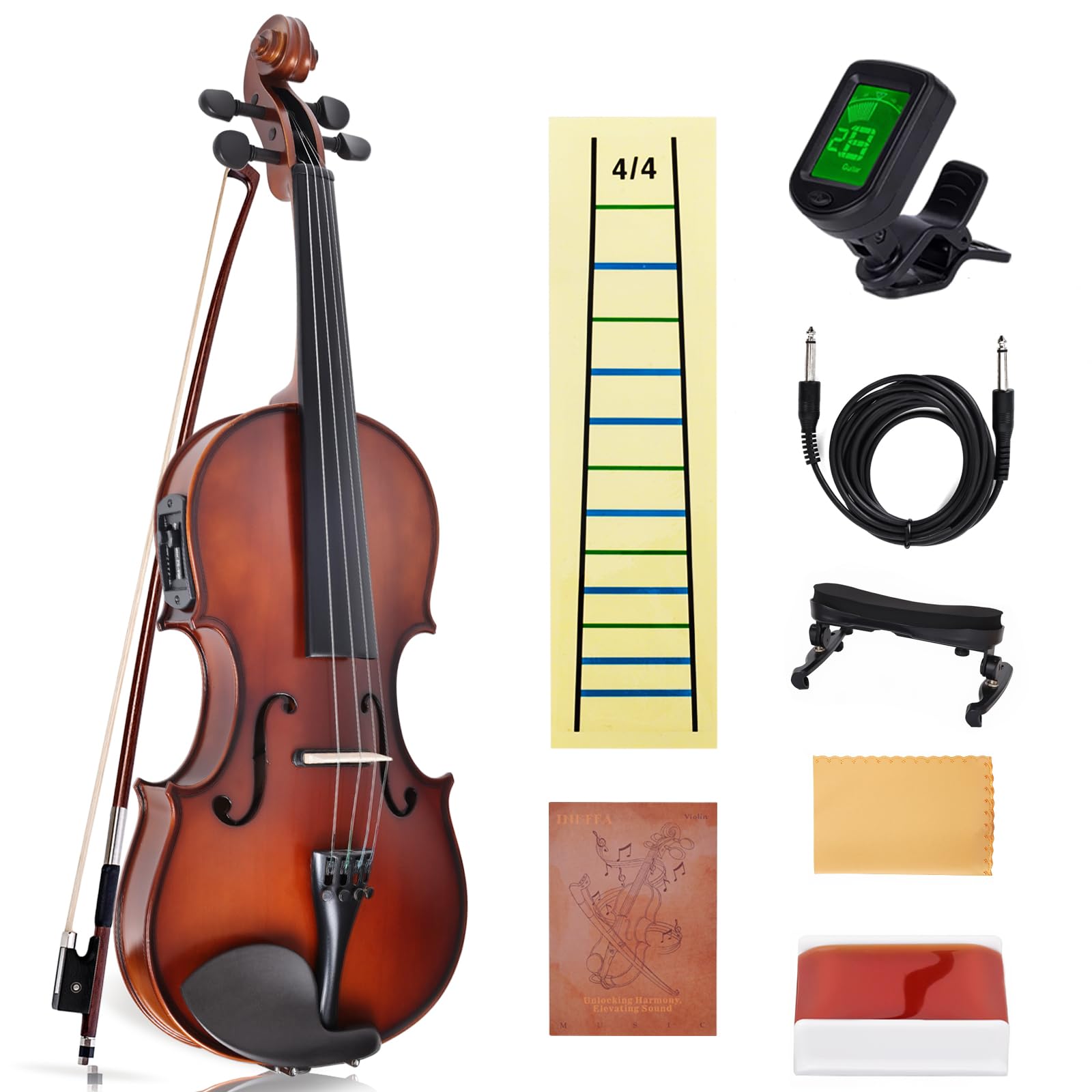 Electric/Acoustic Violin with Ebony Accessories with Carrying Case, Violin Bow, Bridge, Shoulder Rest, Stickers, Tuner, Instruction, Handcraft with Maple, Spruce (White)