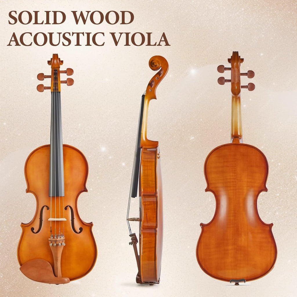 15 Inch Viola for Students and Adults, Solid Spruce Top with Flamed Maple Back and Sides, Handcrafted Acoustic Viola with Warm Rich Tone