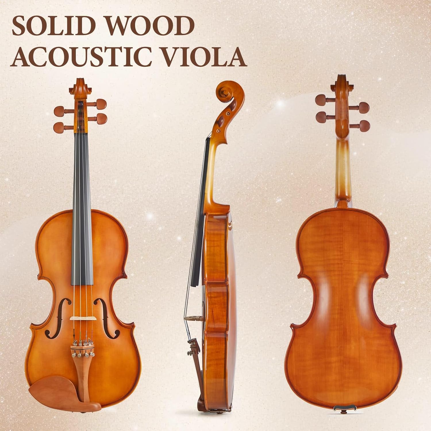 15 Inch Viola for Students and Adults, Solid Spruce Top with Flamed Maple Back and Sides, Handcrafted Acoustic Viola with Warm Rich Tone