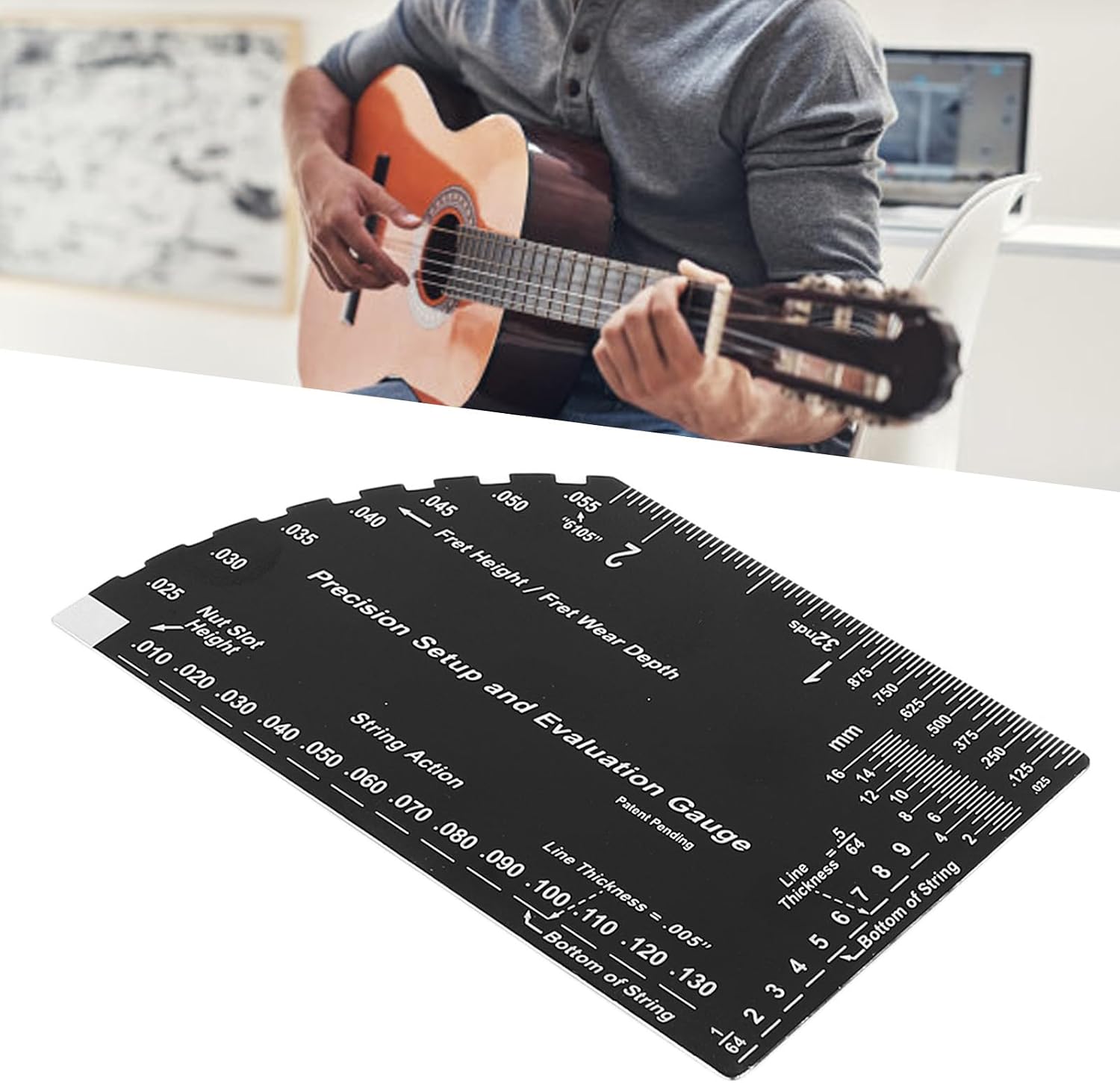 Stainless Steel String Action Gauge Ruler, Guitar Fret Rocker for Electric Acoustic Bass, Precision String Height Measuring Tool with Digital Scale for Luthiers
