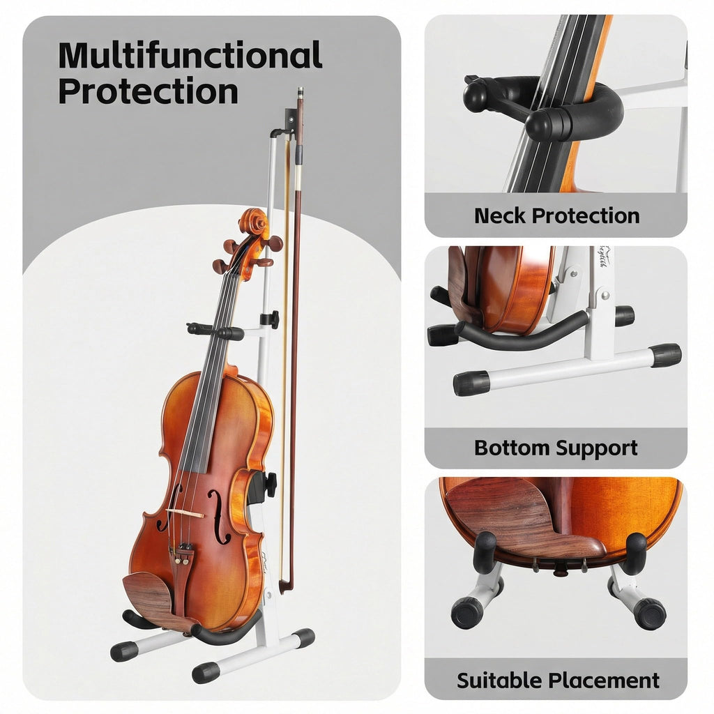 New Upgraded Anti-Tipping Design in Violin Stand with Bow Holder. Adjustable height, non-slip base, and protective head lock. Foldable and portable design for violins, violas, mandolins, and ukuleles.Gray Lockable