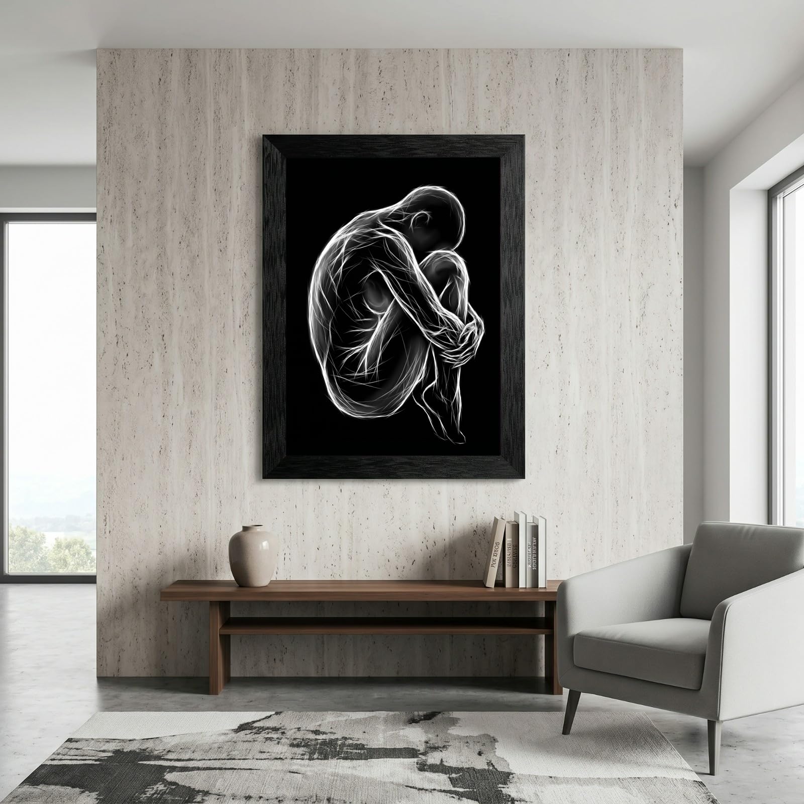 Framed Canvas Wall Art Minimalist Abstract Cello Musical Instrument Electric White Glowing Lines on Black Canvas Print Poster Black Frame Wall Decor for Music Room Studio Modern Art, Inch 24x36