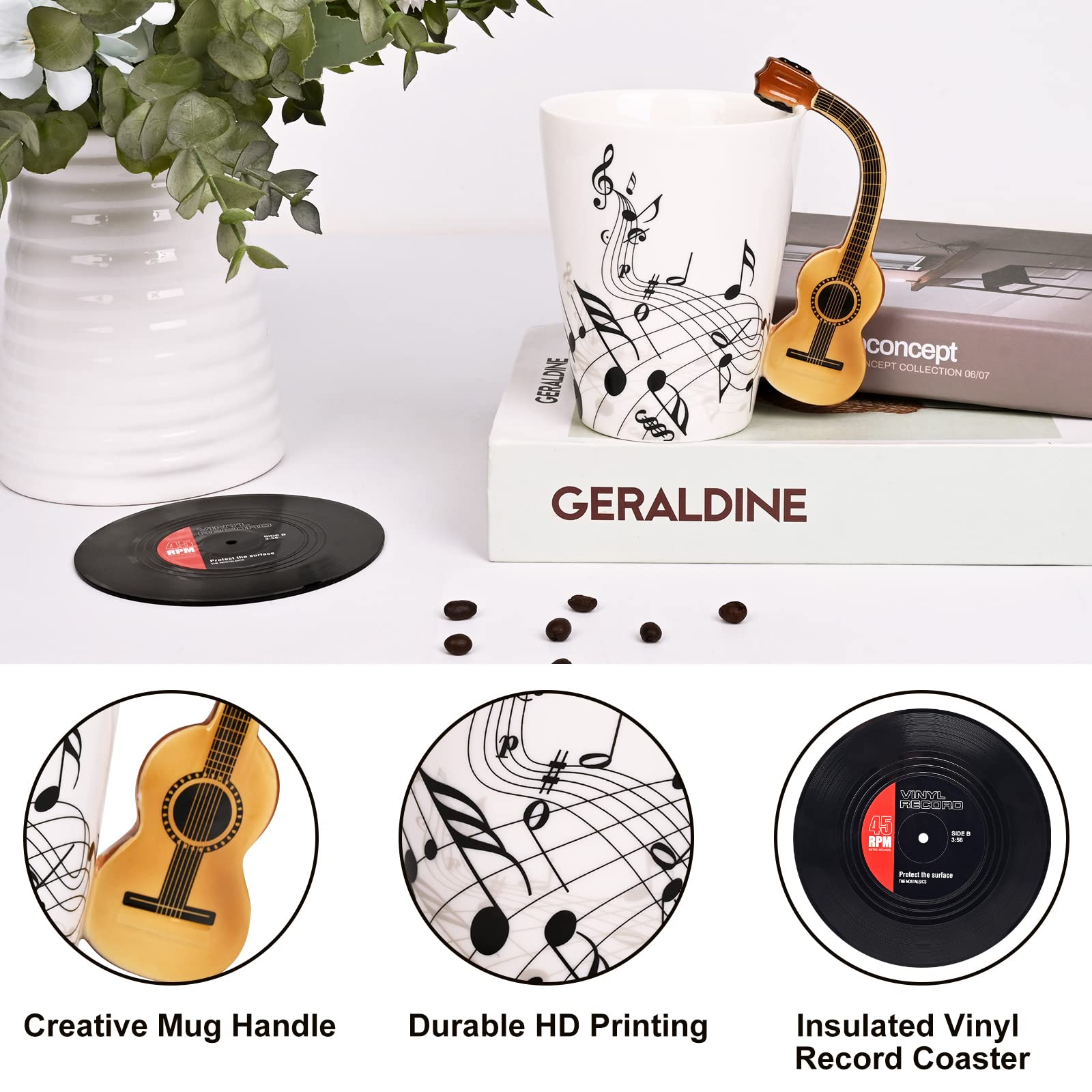 Maustic Novelty Violin Mug - 13 Oz Ceramic with Vinyl Record Coaster, Perfect for Music Lovers, Musicians, and Violinists - Ideal for Christmas or Birthday Gifts