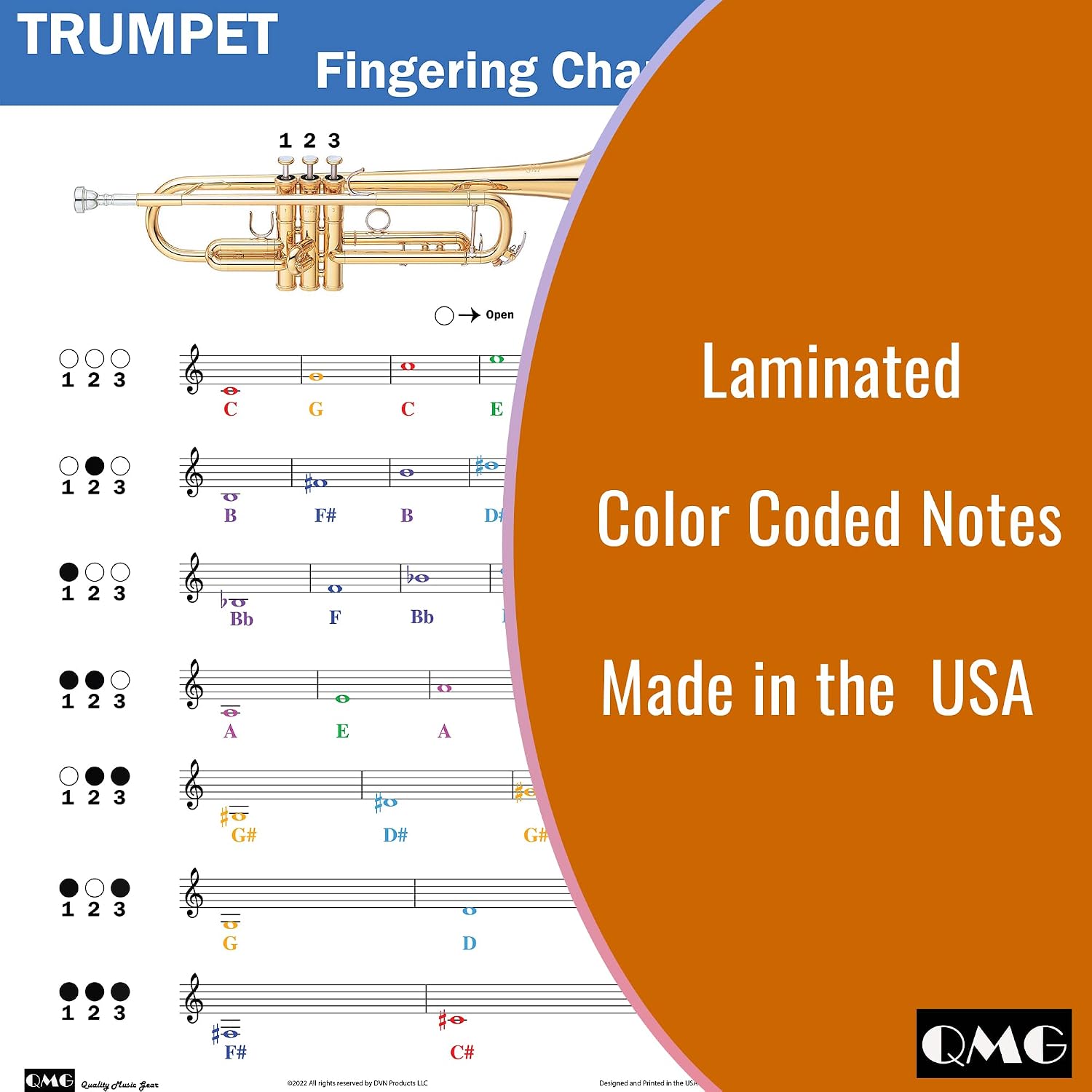 QMG Trumpet Fingering Chart with Color-Coded Notes, Learn Trumpet Technique Suitable for All Levels, Made in the USA