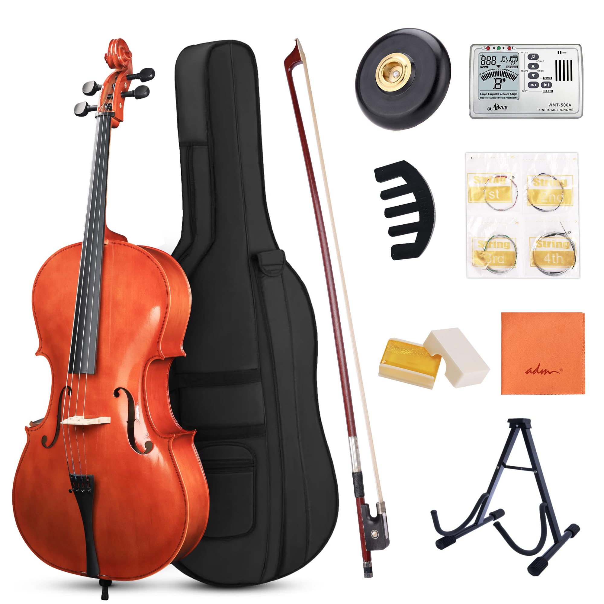 ADM 4/4 Full Size Acoustic Cello, Beginner Acoustic Cello Kit with Portable Bag, Stand, Bow, Mute, Rosin, Endpin Holder for Beginner Adults & Students