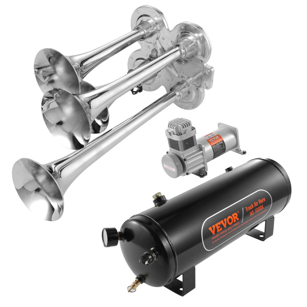 VEVOR 4 Trumpet Air Horn Kit, 150dB Train Horns for Pickup Trucks, 12V 120 psi Air Compressor 0.8 Gal/3 L Tank with Gauge for Any 12V Vehicle Car Truck Train Van Boat