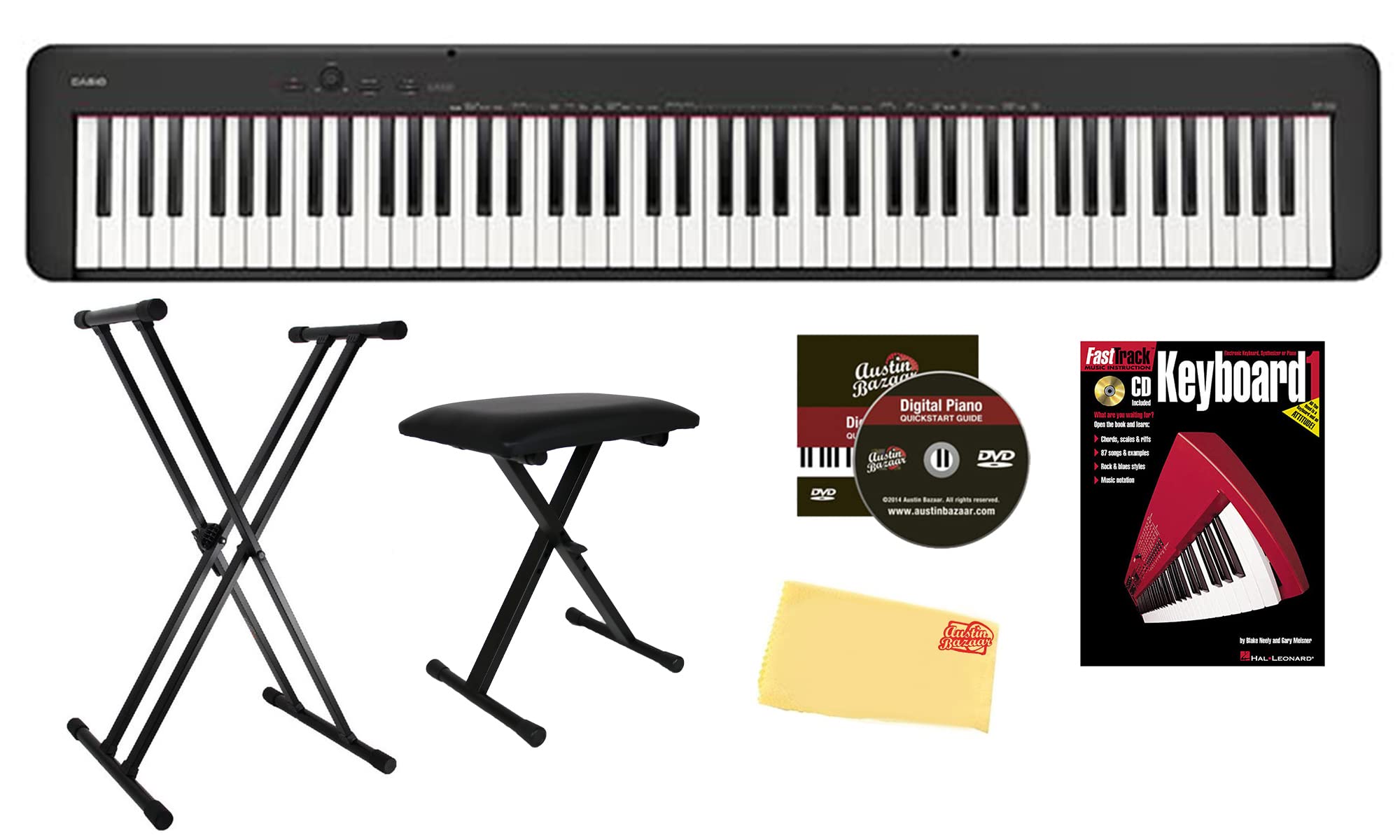 Casio CDP-S360 88-Key Compact Digital Piano - Black Bundle with CS-470P Stand, 3-Pedal System, Furniture Bench, Instructional Book, Online Lessons, Instructional DVD, and Austin Bazaar Polishing Cloth