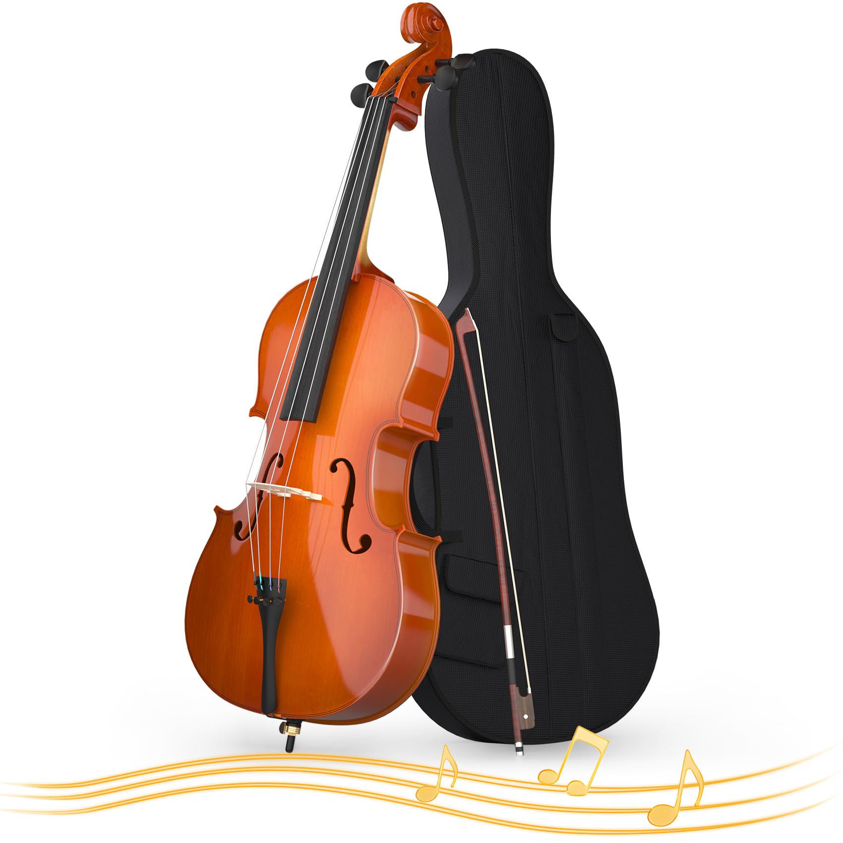 Cello 4/4 Kit, Full Size Cello for Adults, Students, Beginners, Complete Acoustic Cello Instrument Set with Portable Bag, Bow, Rosin, Black